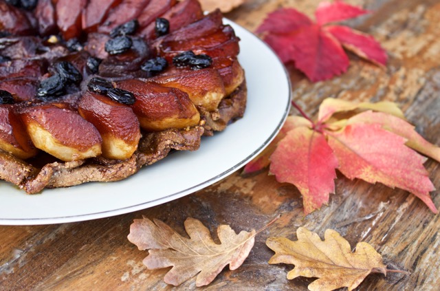 apple tarte tatin surrounded by fall leaves