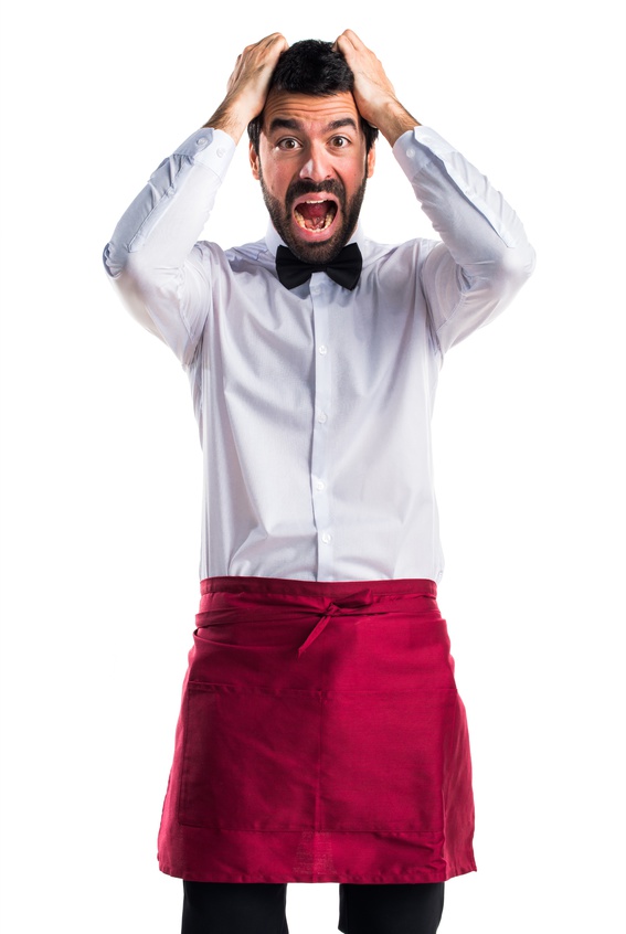 frustrated waiter on white background