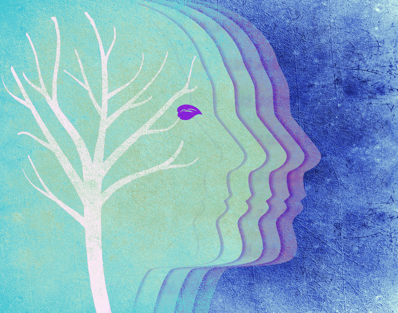 colored human head silhouette and tree digital illustration