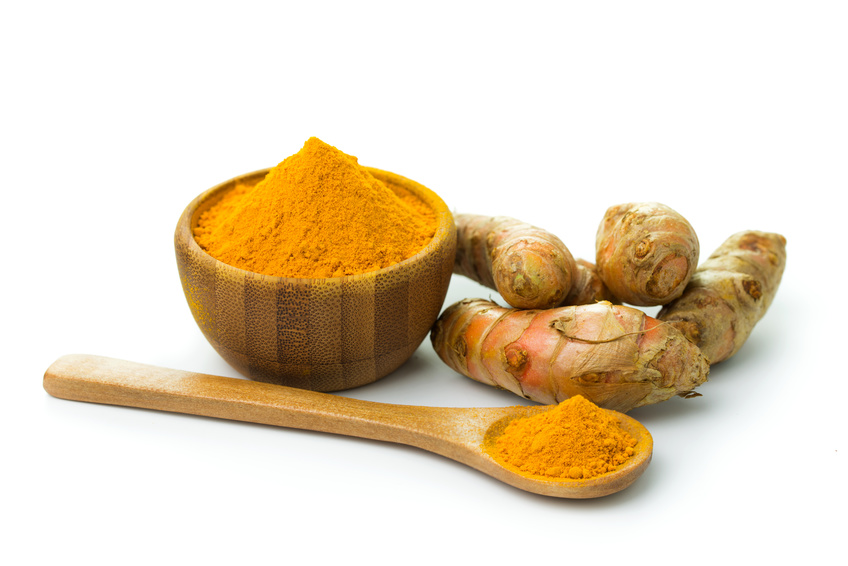 Turmeric and turmeric powder on white background