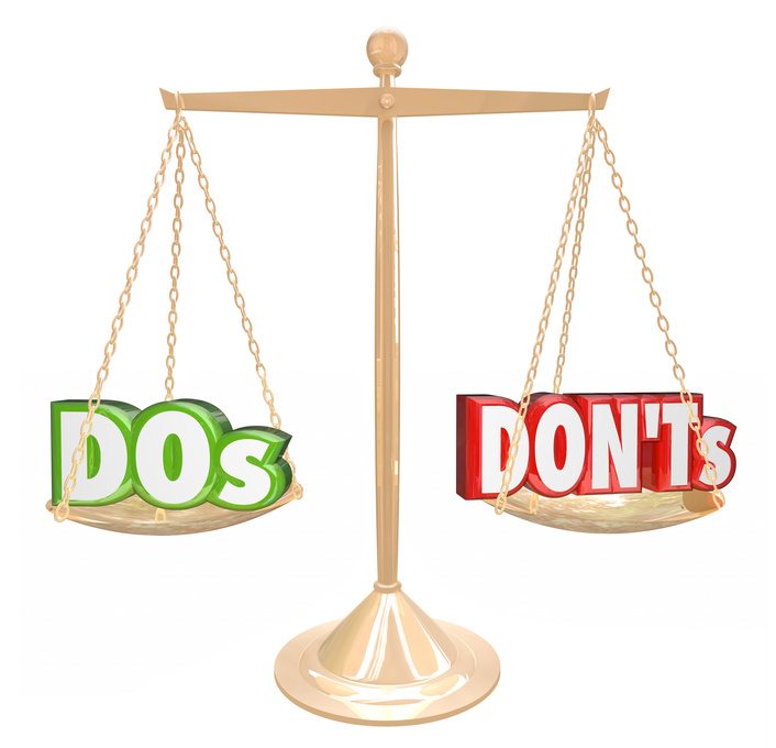 Dos and Don'ts words on a gold scale to illustrate tips or advice on what you must do or perform vs actions to avoid